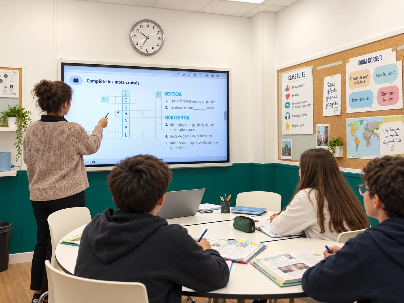 Clase de francés con pantalla interactiva en Uplevel Academy