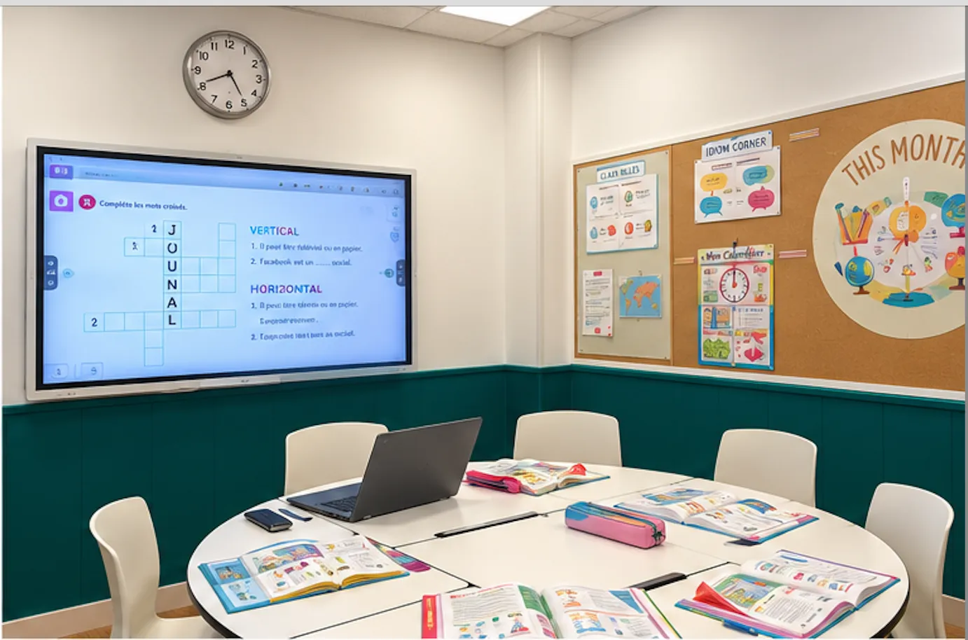 Aula de idiomas de Uplevel Academy preparada para clase